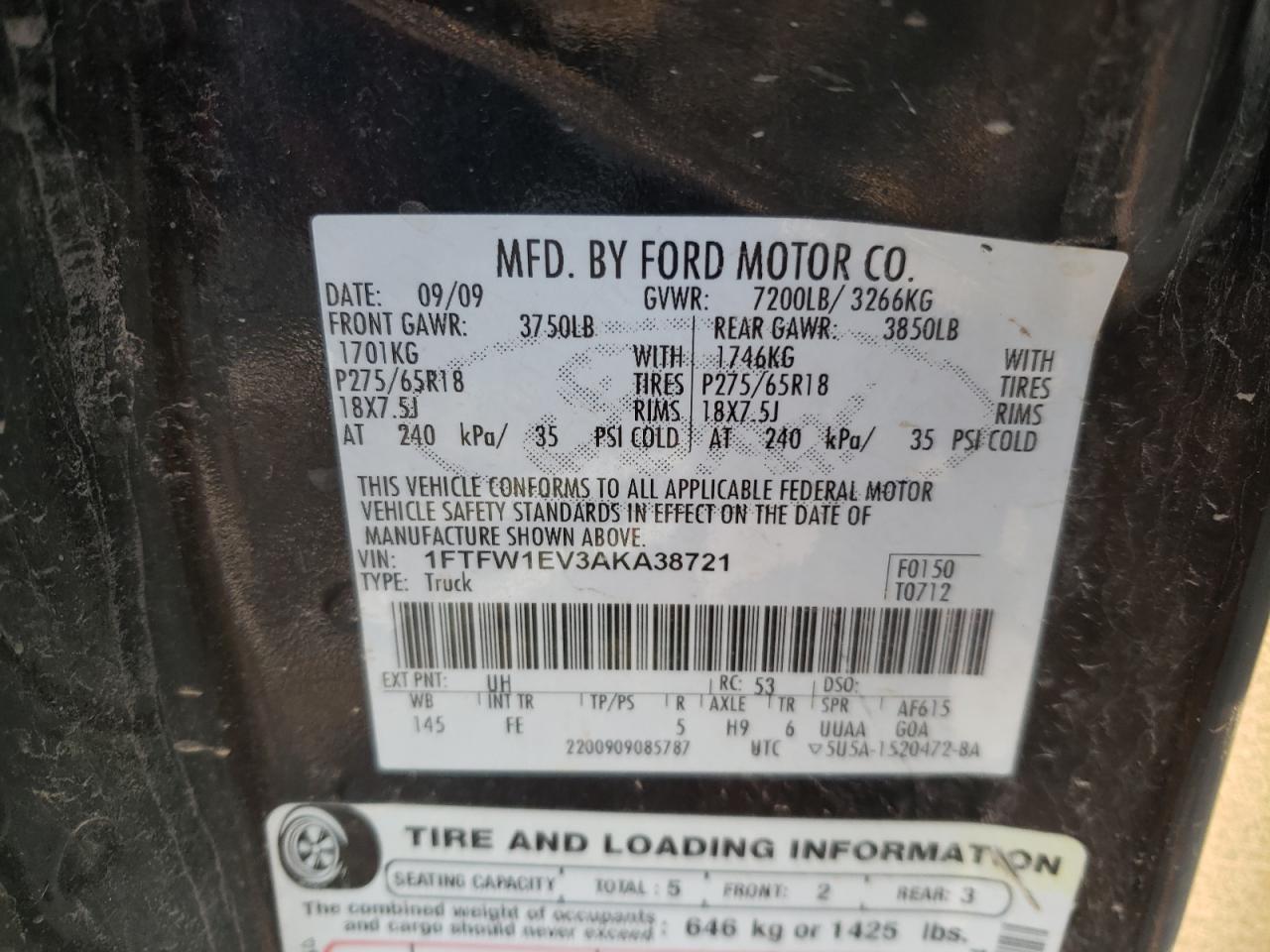 2010 Ford F150 Supercrew VIN: 1FTFW1EV3AKA38721 Lot: 78646354