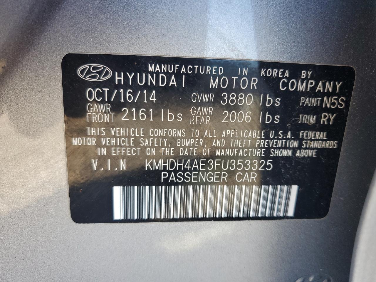 VIN KMHDH4AE3FU353325 2015 HYUNDAI ELANTRA no.12