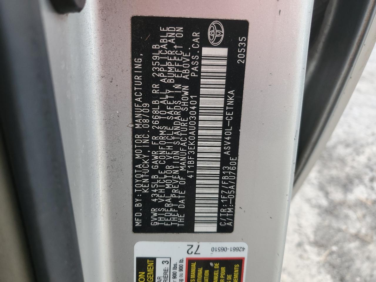 2010 Toyota Camry Base VIN: 4T1BF3EK0AU030401 Lot: 77144714