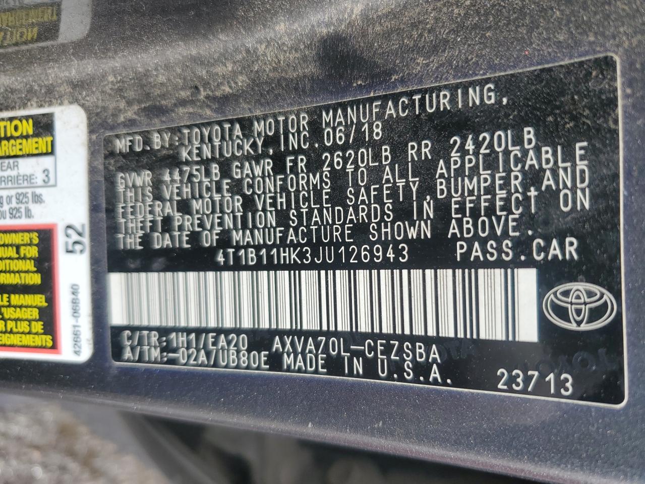 VIN 4T1B11HK3JU126943 2018 TOYOTA CAMRY no.13