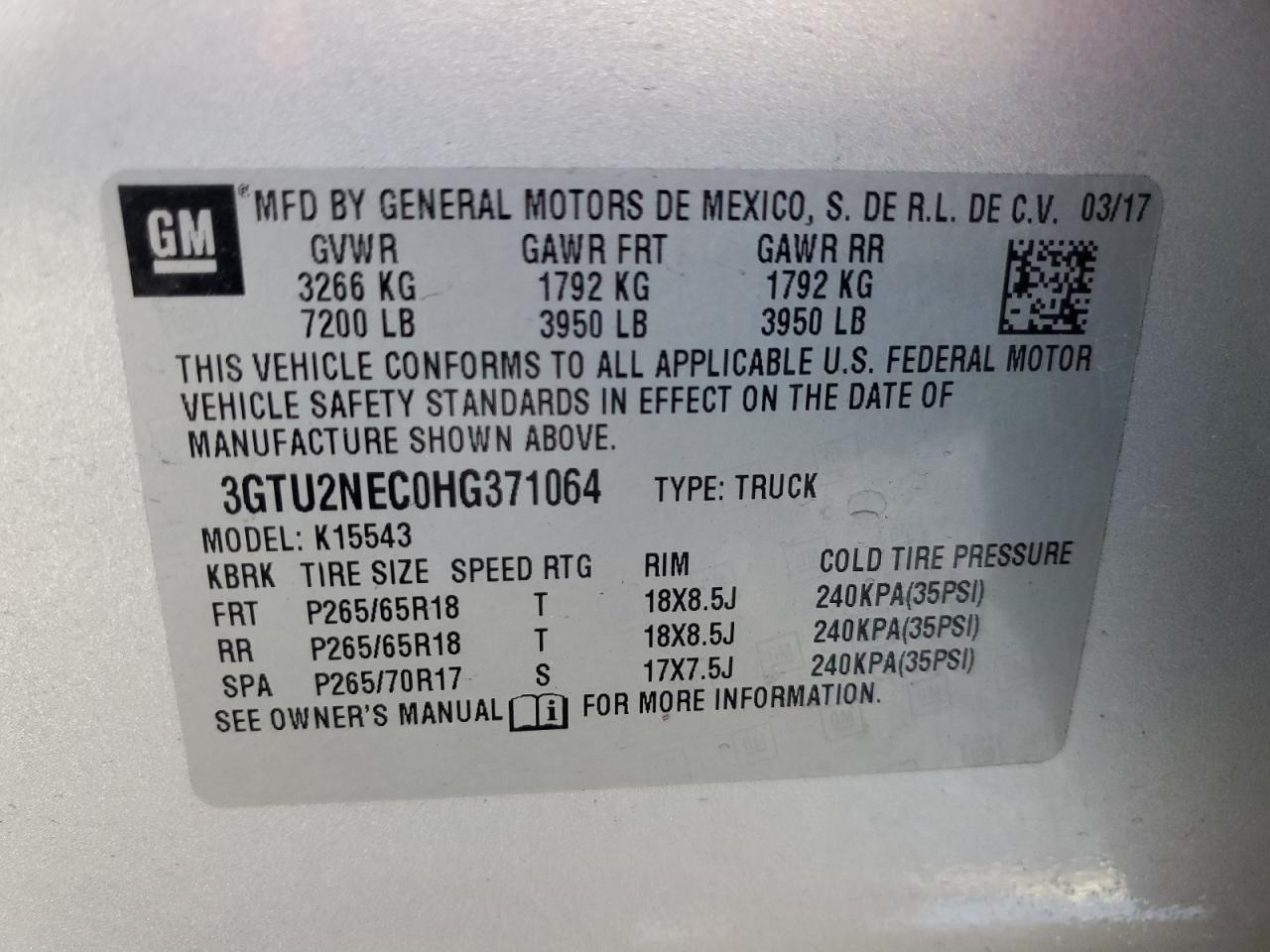 3GTU2NEC0HG371064 2017 GMC Sierra K1500 Slt