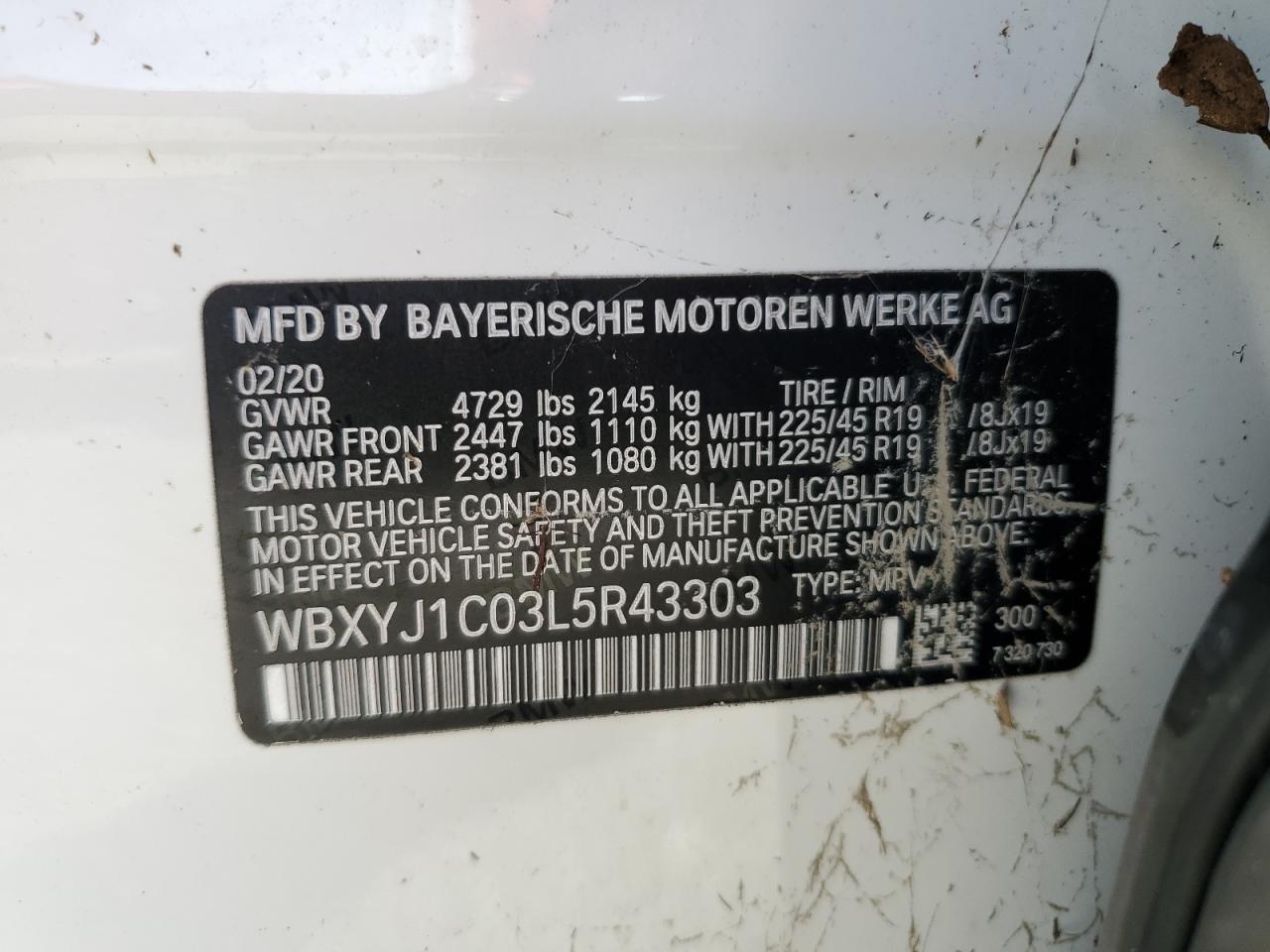 2020 BMW X2 xDrive28I VIN: WBXYJ1C03L5R43303 Lot: 75118414