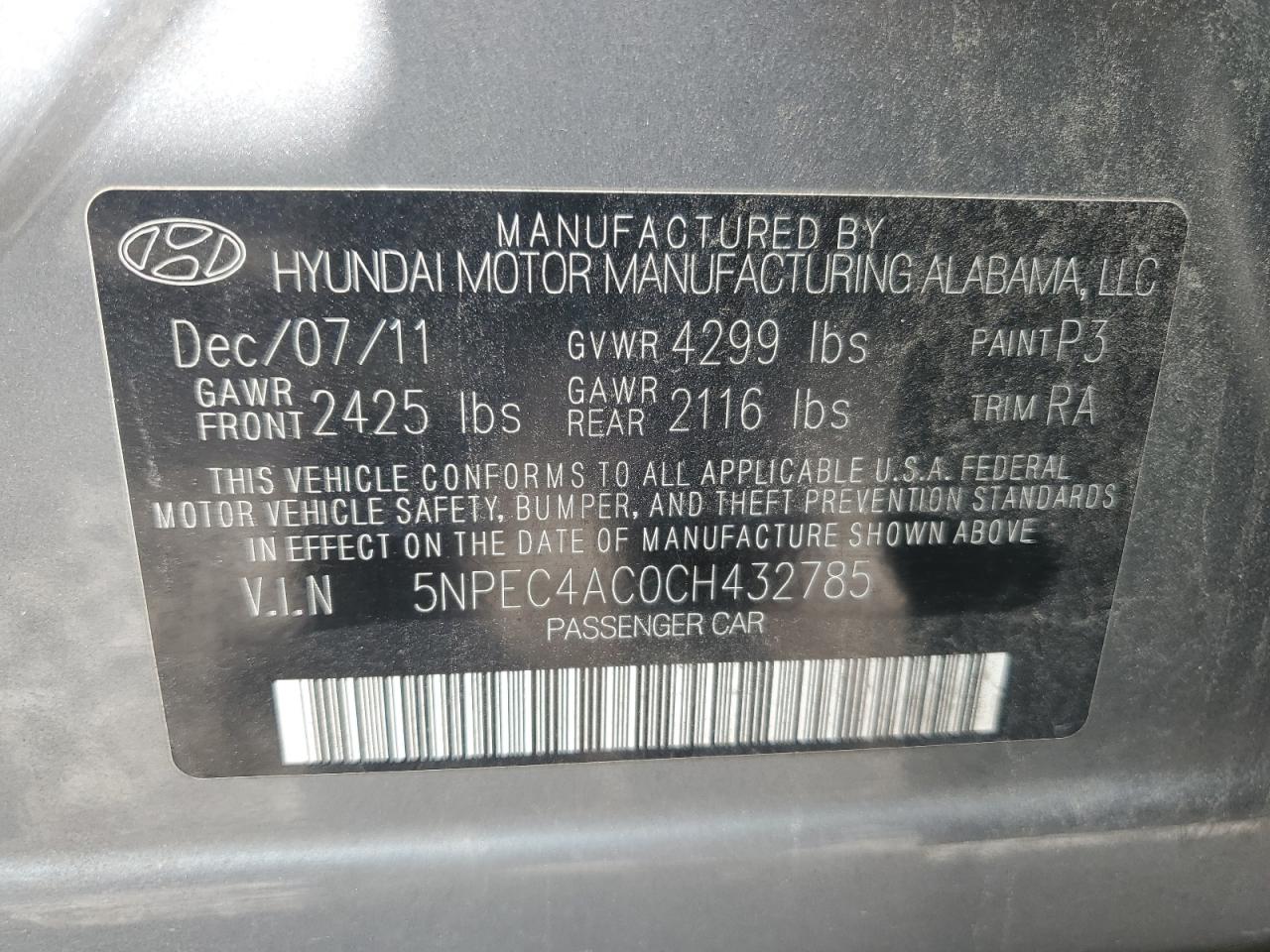 5NPEC4AC0CH432785 2012 Hyundai Sonata Se