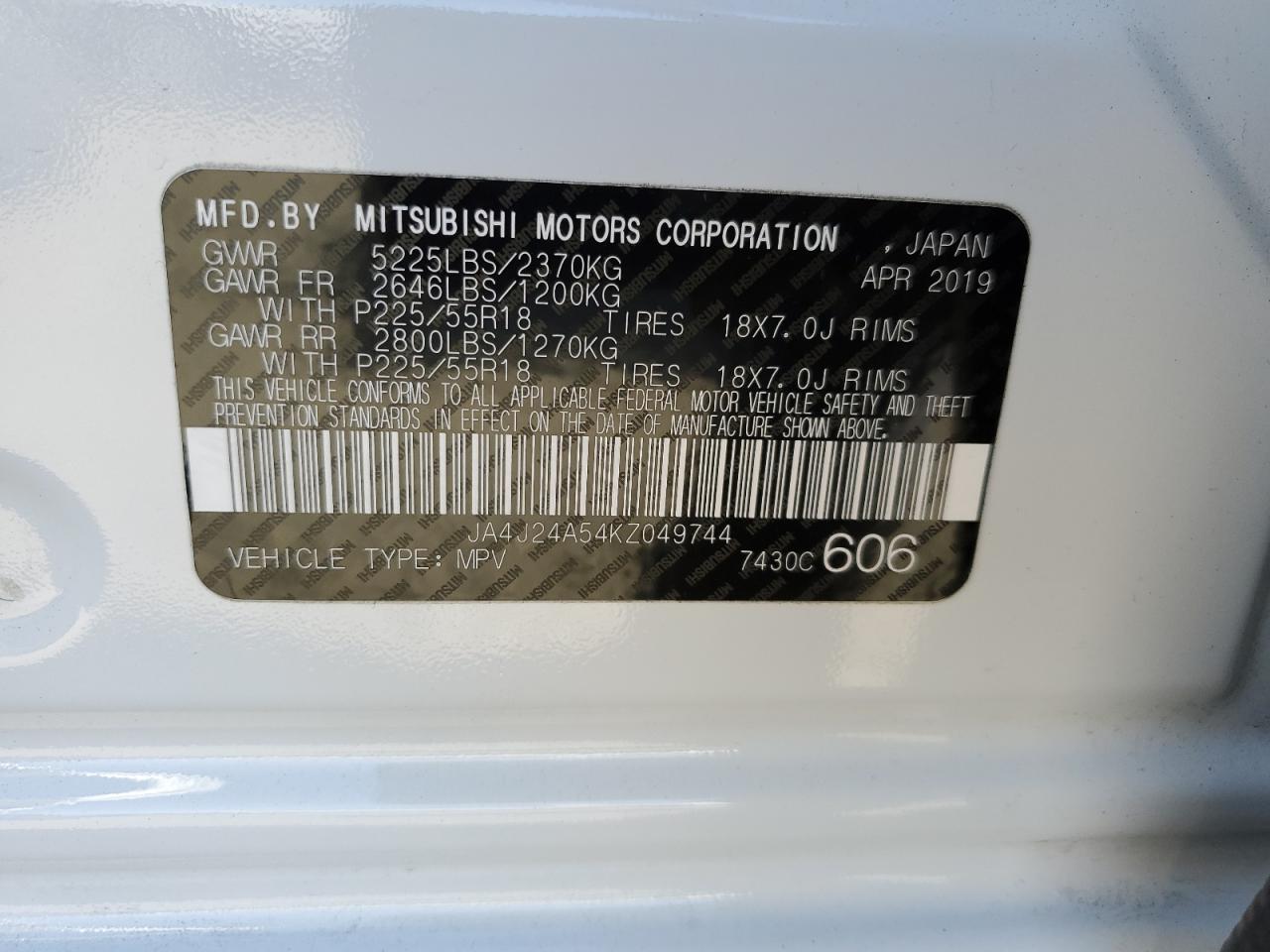 2019 Mitsubishi Outlander Sel VIN: JA4J24A54KZ049744 Lot: 75500734