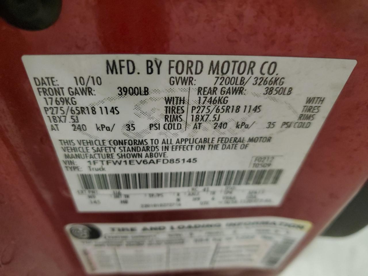 1FTFW1EV6AFD85145 2010 Ford F150 Supercrew