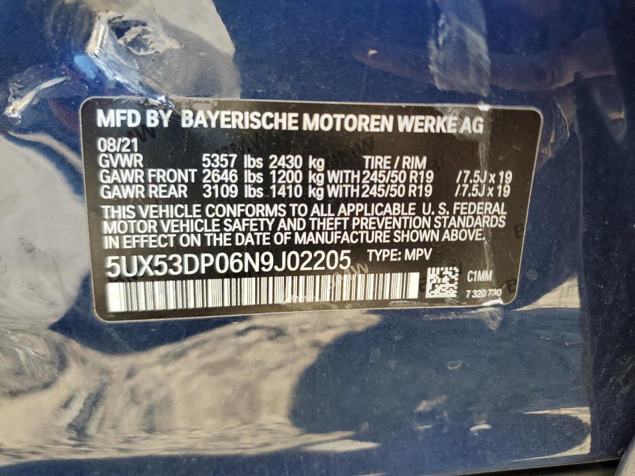 5UX53DP06N9J02205 2022 BMW X3 xDrive30I