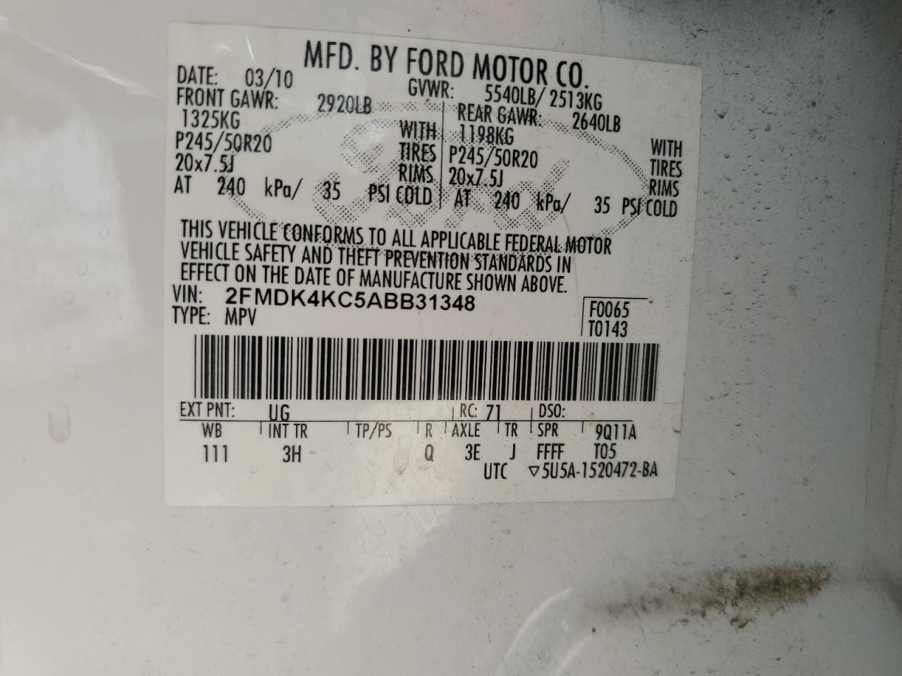 2FMDK4KC5ABB31348 2010 Ford Edge Limited