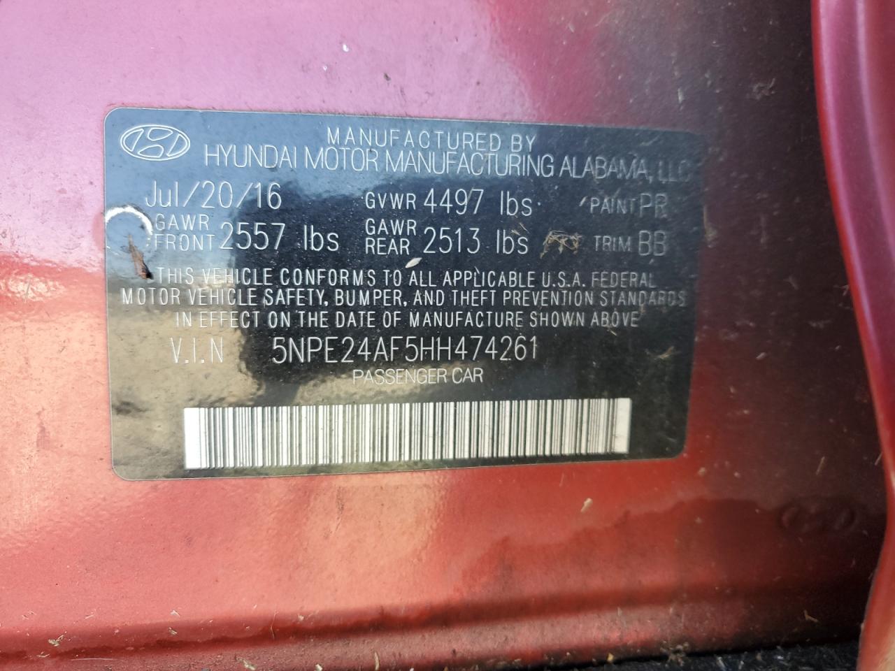 5NPE24AF5HH474261 2017 Hyundai Sonata Se