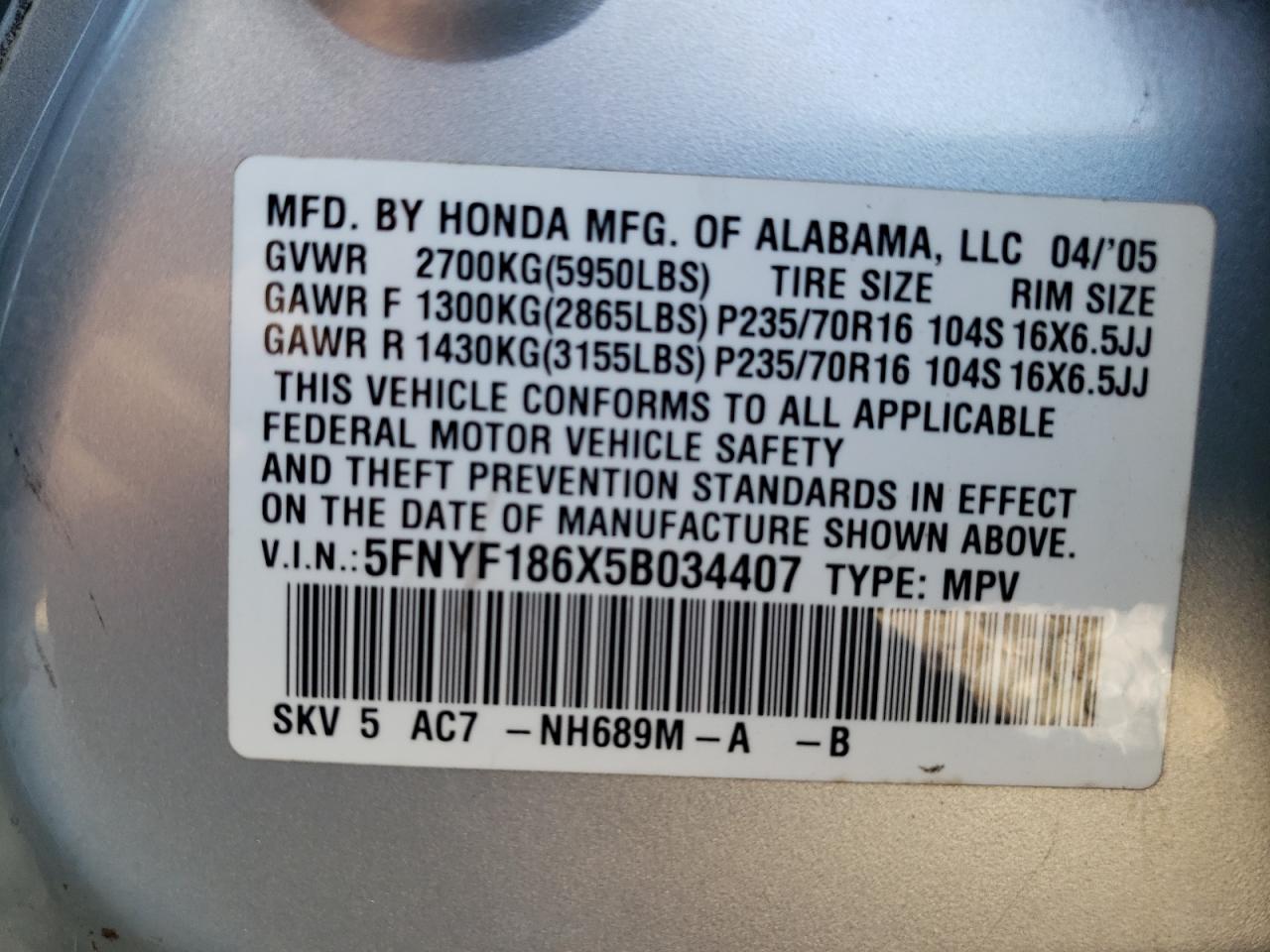 5FNYF186X5B034407 2005 Honda Pilot Exl