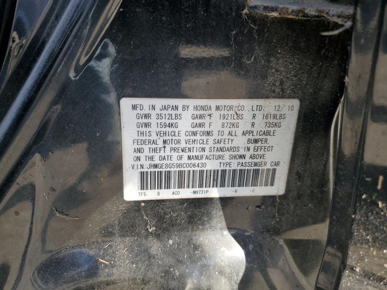 2011 Honda Fit Sport VIN: JHMGE8G59BC006430 Lot: 75307984