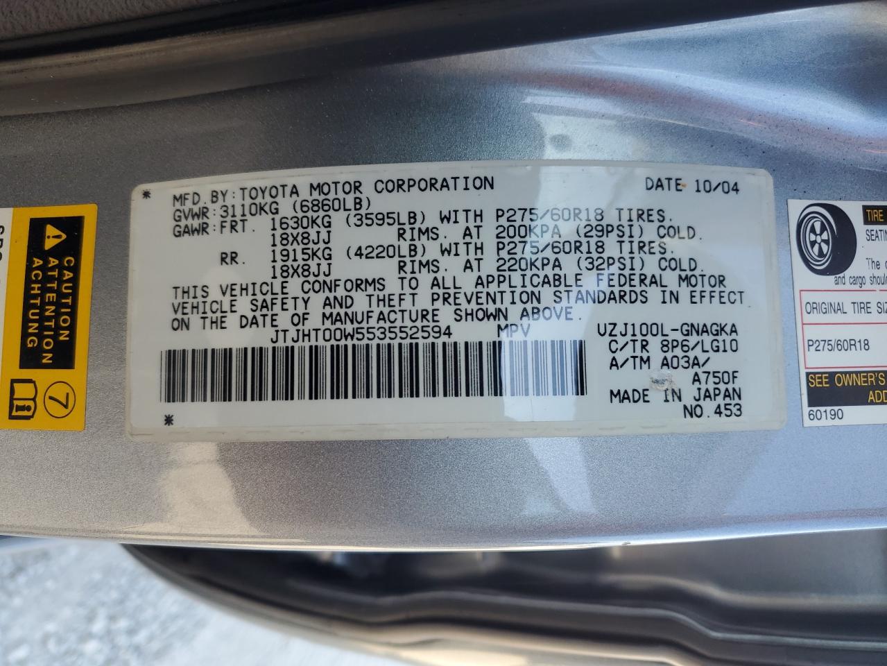 2005 Lexus Lx 470 VIN: JTJHT00W553552594 Lot: 75485364
