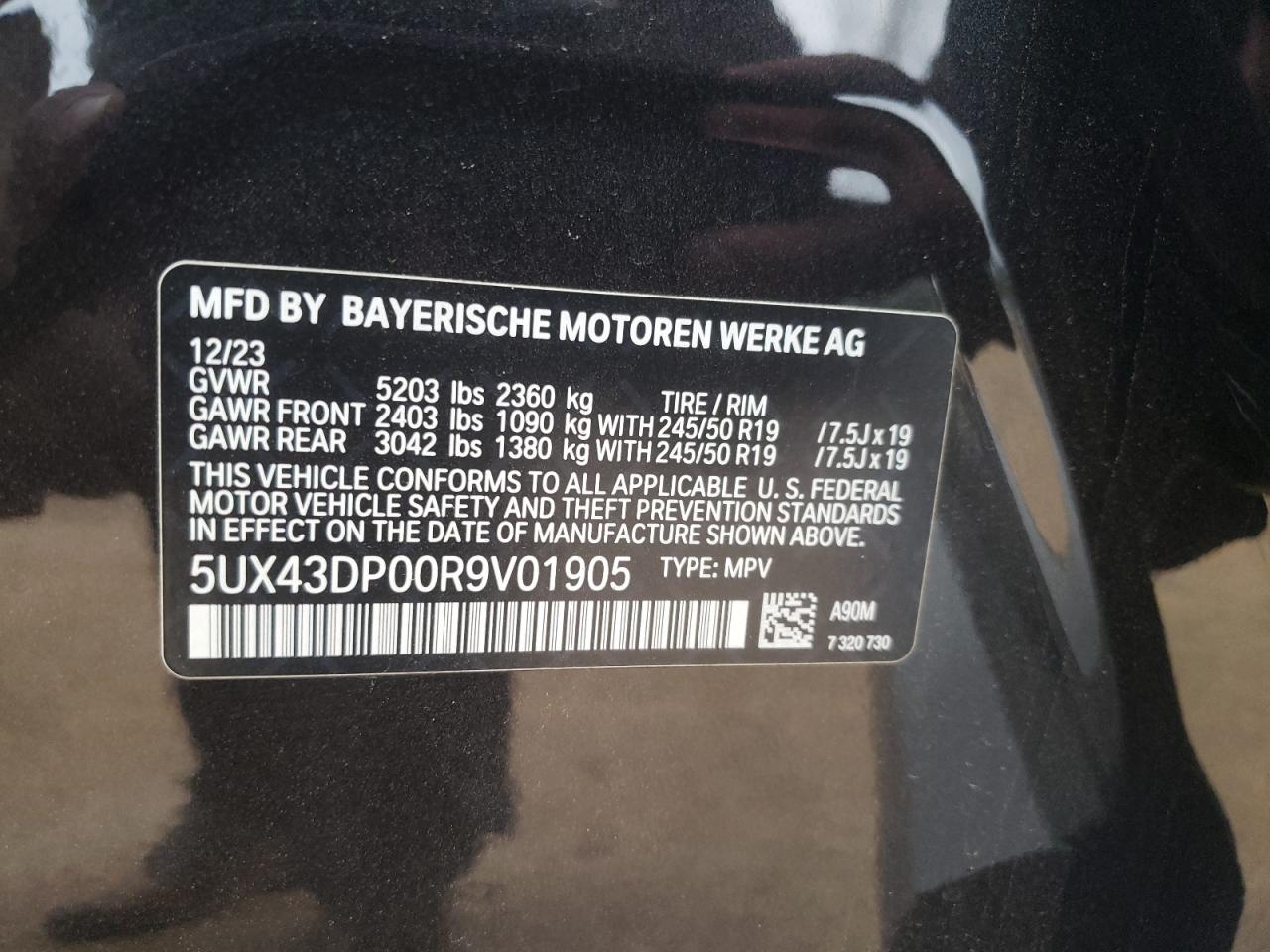 2024 BMW X3 Sdrive30I VIN: 5UX43DP00R9V01905 Lot: 73127544