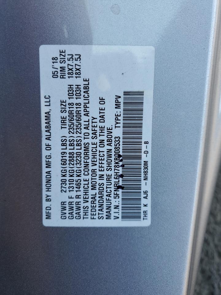 5FNRL6H78KB008533 2019 Honda Odyssey Exl