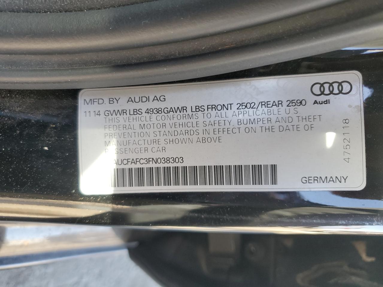 2015 Audi A6 Premium VIN: WAUCFAFC3FN038303 Lot: 75356394