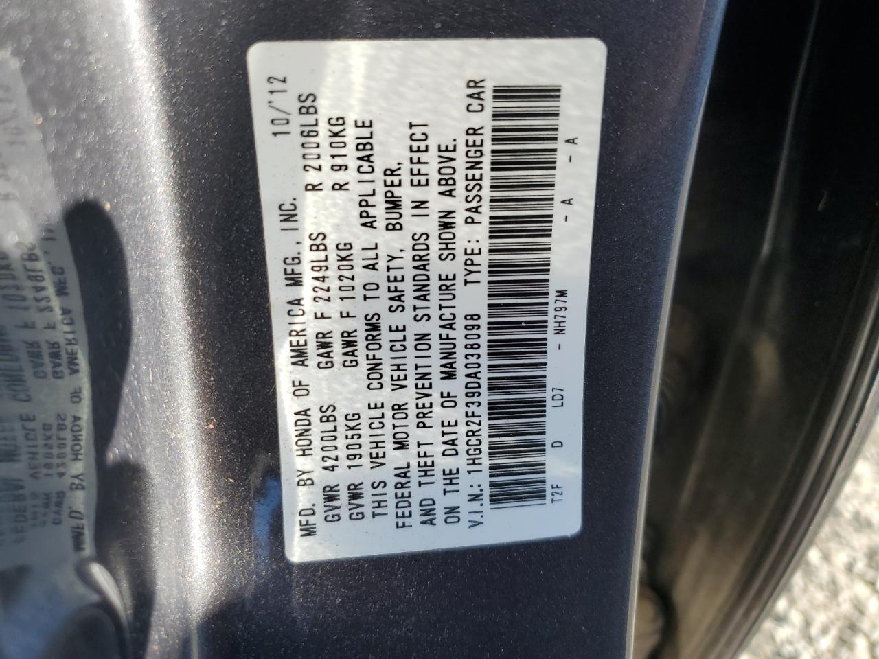 2013 Honda Accord Lx VIN: 1HGCR2F39DA038098 Lot: 74348804