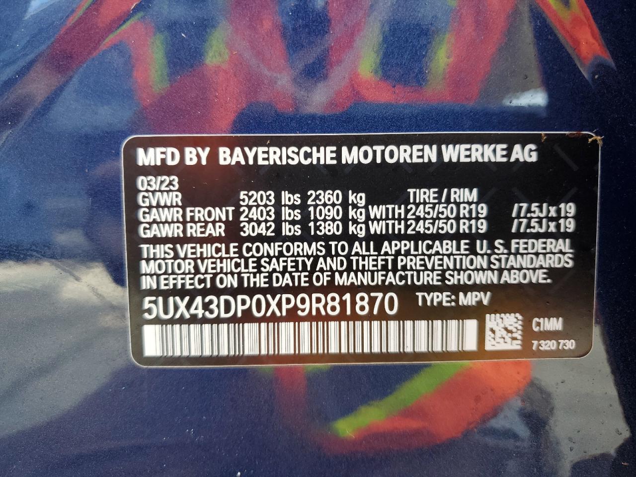 2023 BMW X3 Sdrive30I VIN: 5UX43DP0XP9R81870 Lot: 74125054