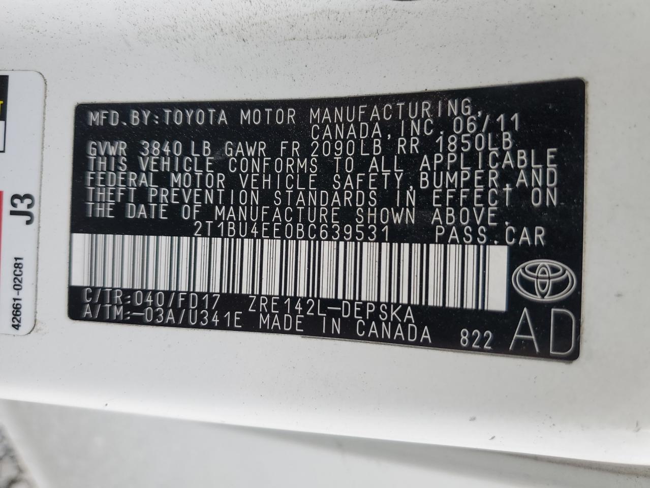 2011 Toyota Corolla Base VIN: 2T1BU4EE0BC639531 Lot: 76358934