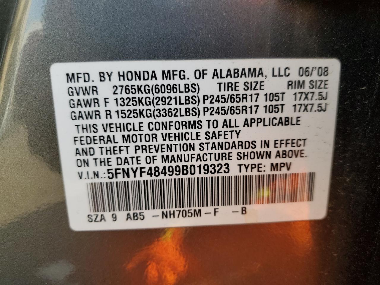 5FNYF48499B019323 2009 Honda Pilot Ex