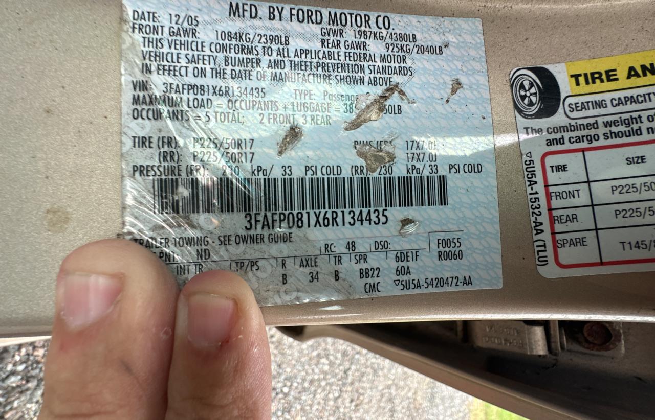 2006 Ford Fusion Sel VIN: 3FAFP081X6R134435 Lot: 76807854