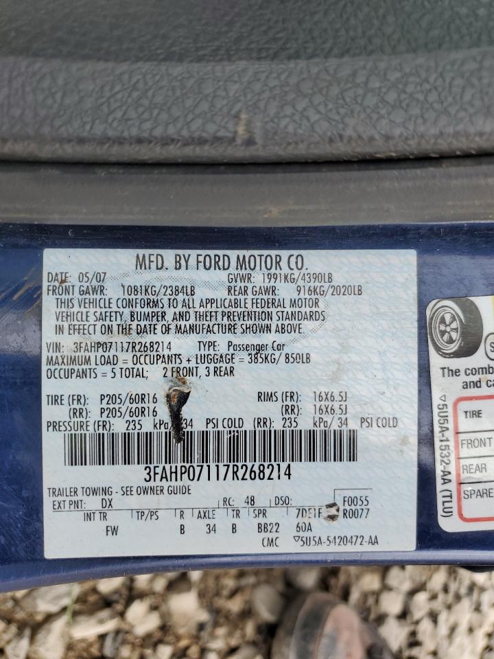 2007 Ford Fusion Se VIN: 3FAHP07117R268214 Lot: 75747214