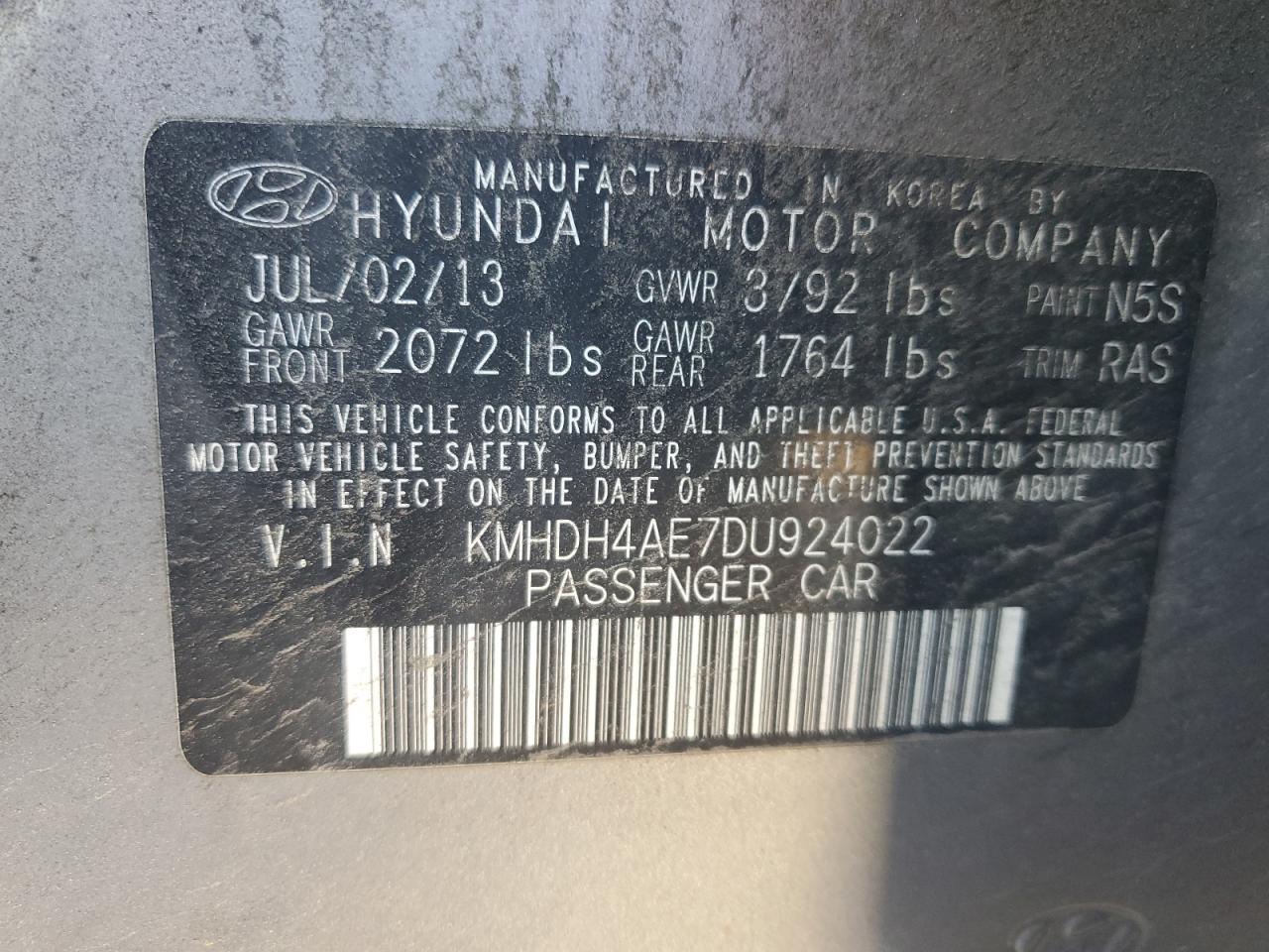 2013 Hyundai Elantra Gls VIN: KMHDH4AE7DU924022 Lot: 75338294