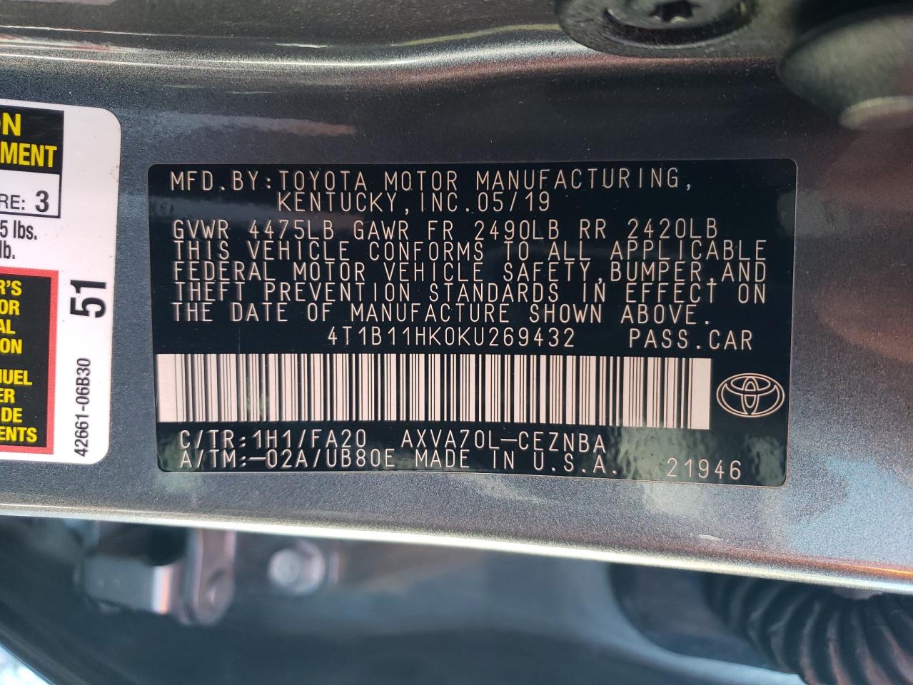 4T1B11HK0KU269432 2019 Toyota Camry L