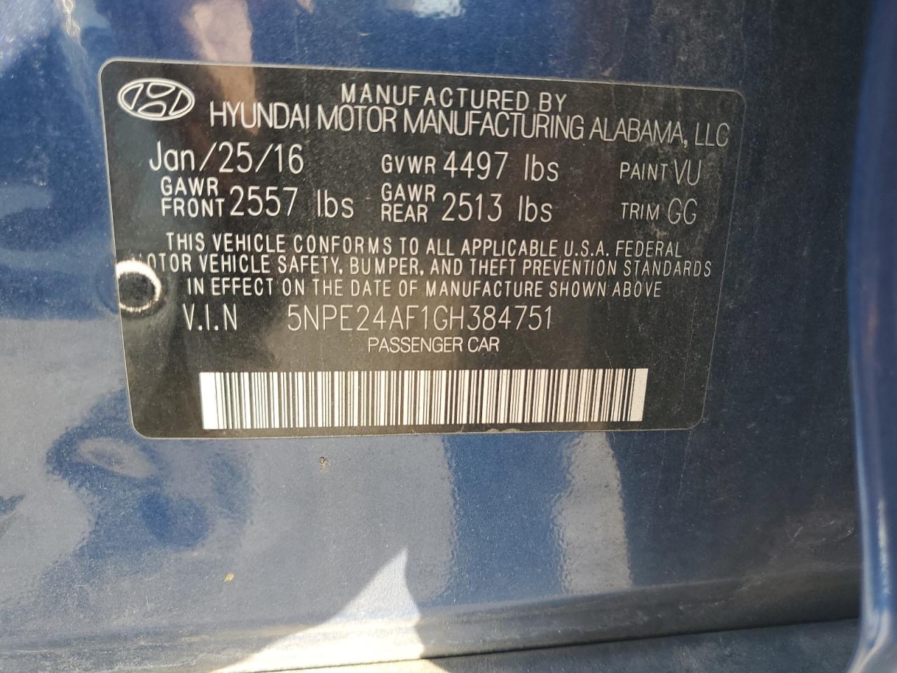 5NPE24AF1GH384751 2016 Hyundai Sonata Se