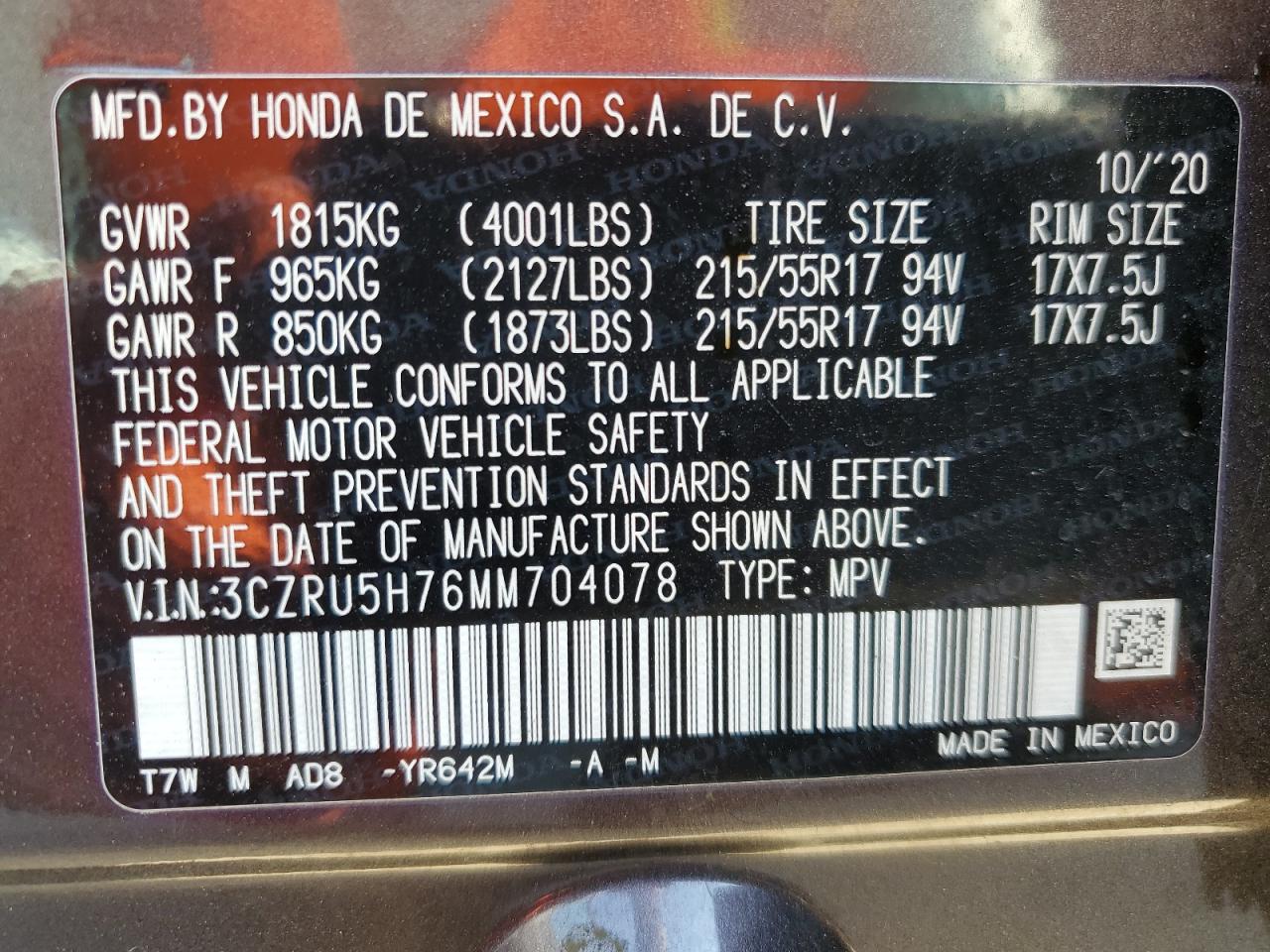 3CZRU5H76MM704078 2021 Honda Hr-V Exl