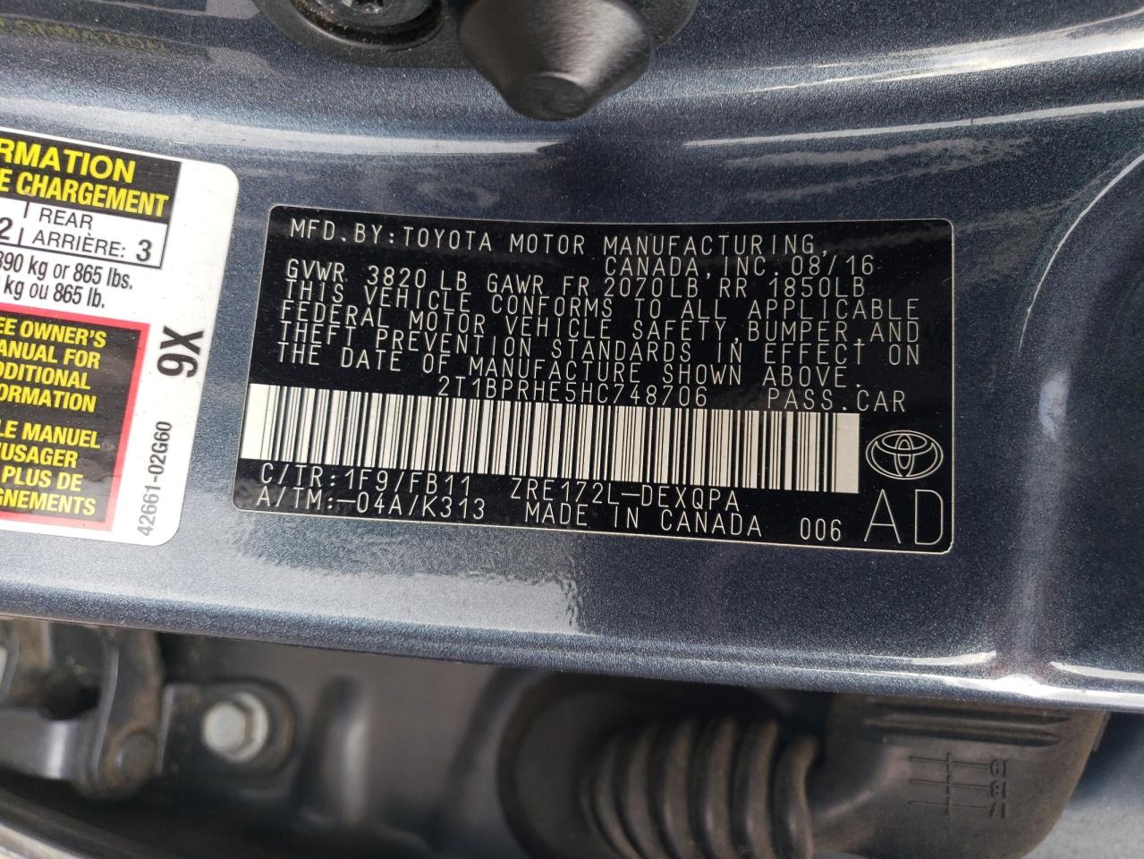 VIN 2T1BPRHE5HC748706 2017 TOYOTA COROLLA no.12