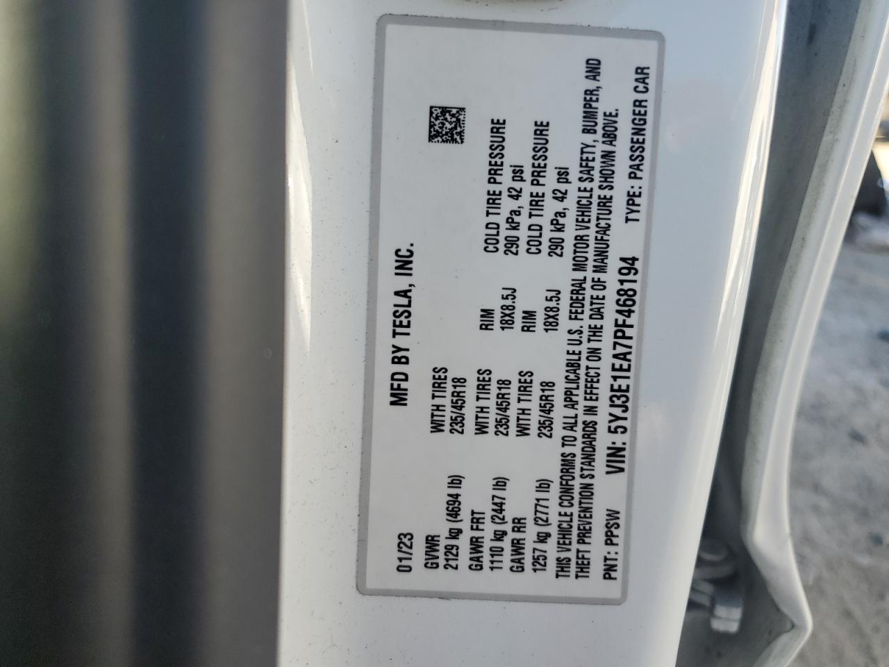 5YJ3E1EA7PF468194 2023 Tesla Model 3