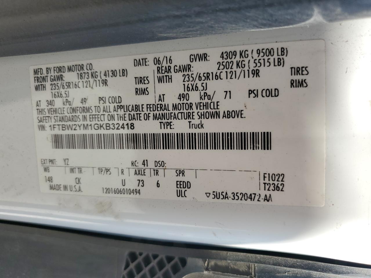 2016 Ford Transit T-350 VIN: 1FTBW2YM1GKB32418 Lot: 75230054