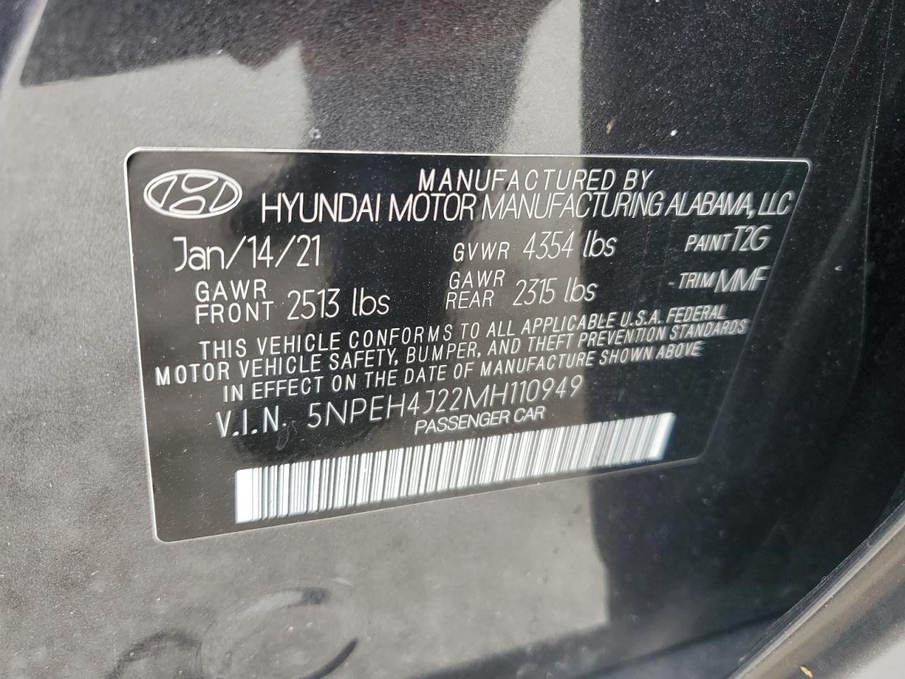 2021 Hyundai Sonata Limited VIN: 5NPEH4J22MH110949 Lot: 75554934