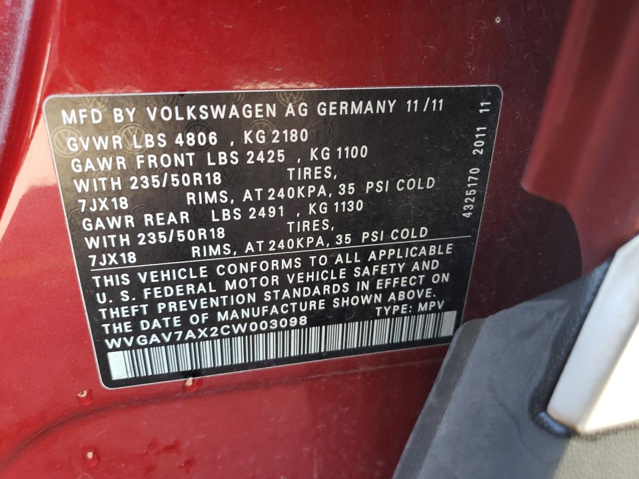 2012 Volkswagen Tiguan S VIN: WVGAV7AX2CW003098 Lot: 74890114