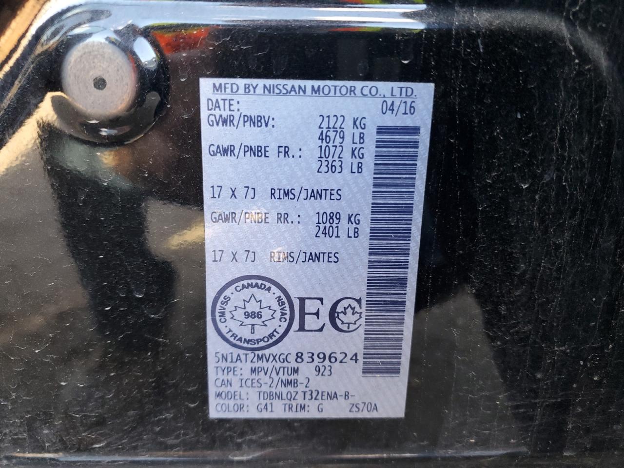 5N1AT2MVXGC839624 2016 Nissan Rogue S