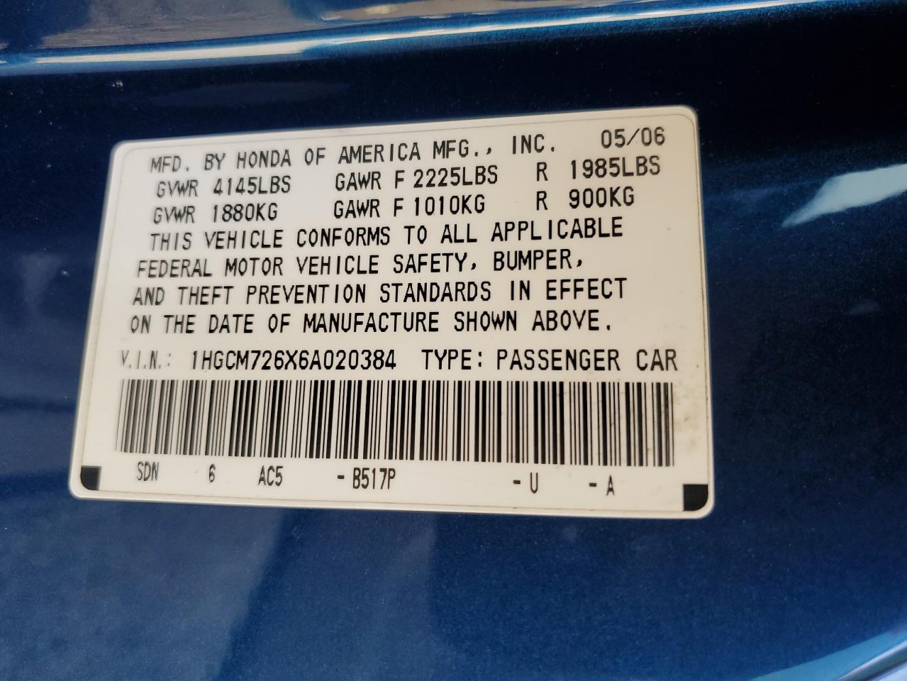 1HGCM726X6A020384 2006 Honda Accord Ex