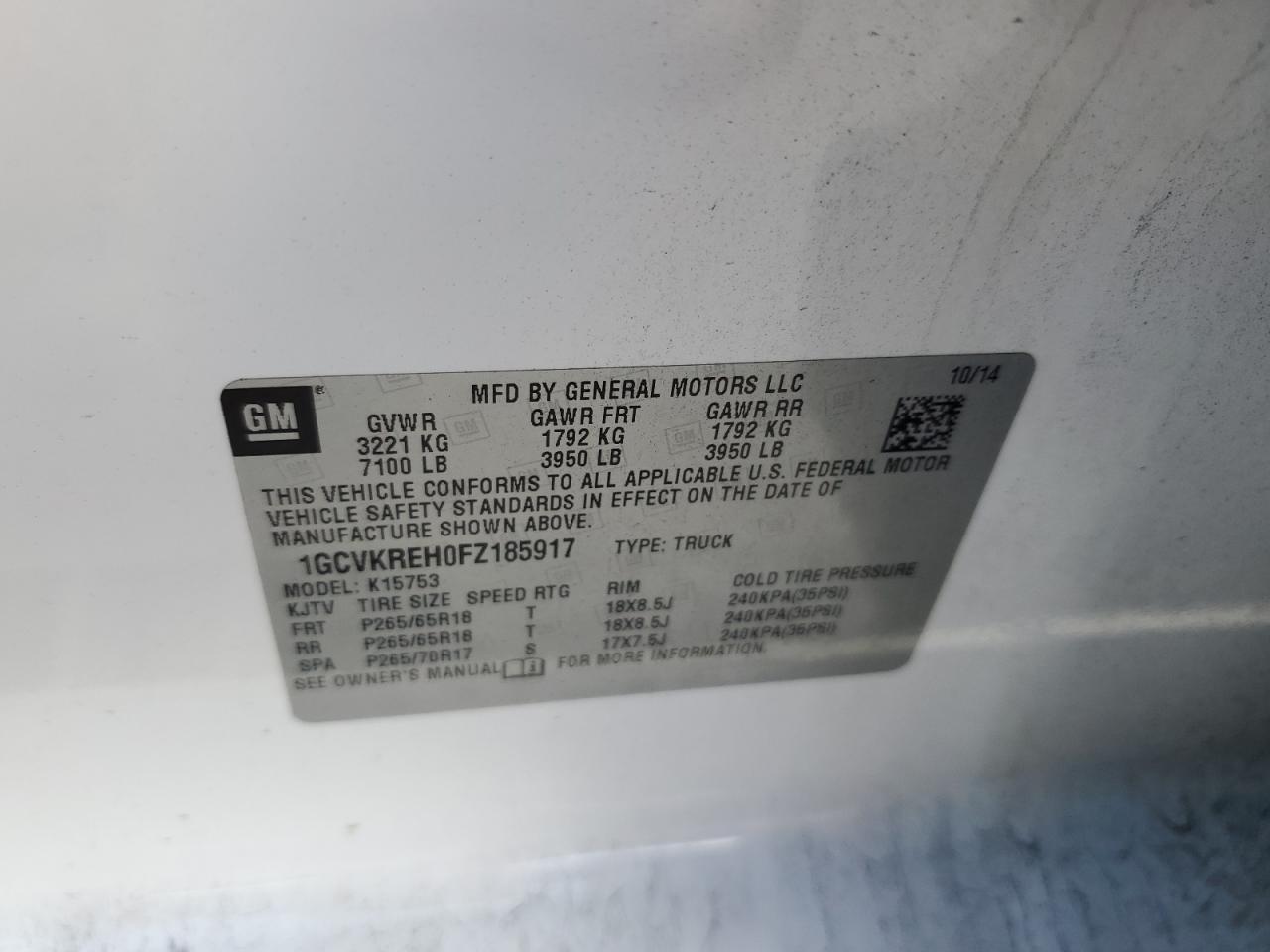 2015 Chevrolet Silverado K1500 Lt VIN: 1GCVKREH0FZ185917 Lot: 75659884