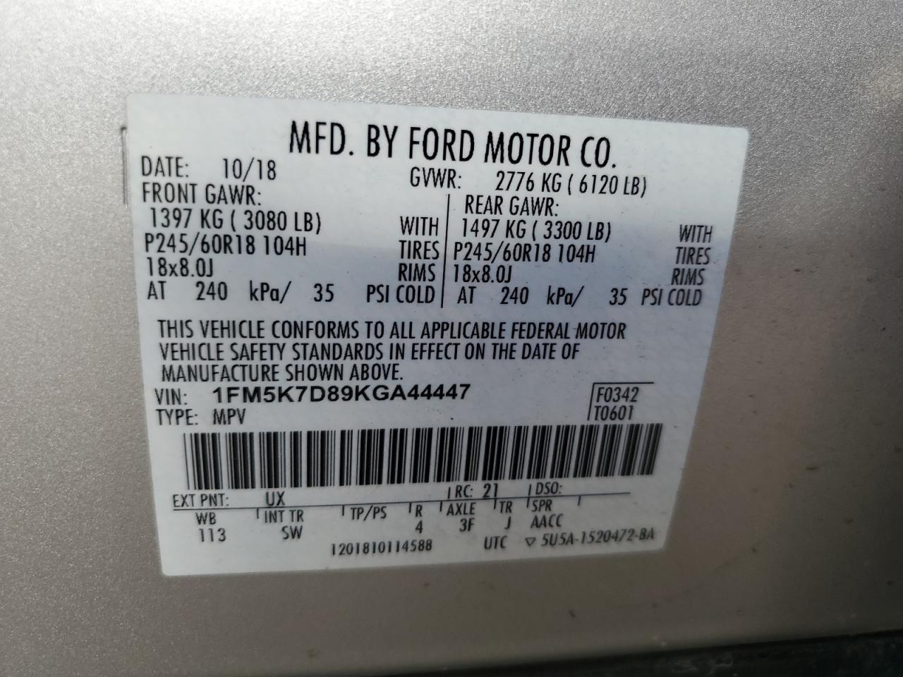 1FM5K7D89KGA44447 2019 Ford Explorer Xlt