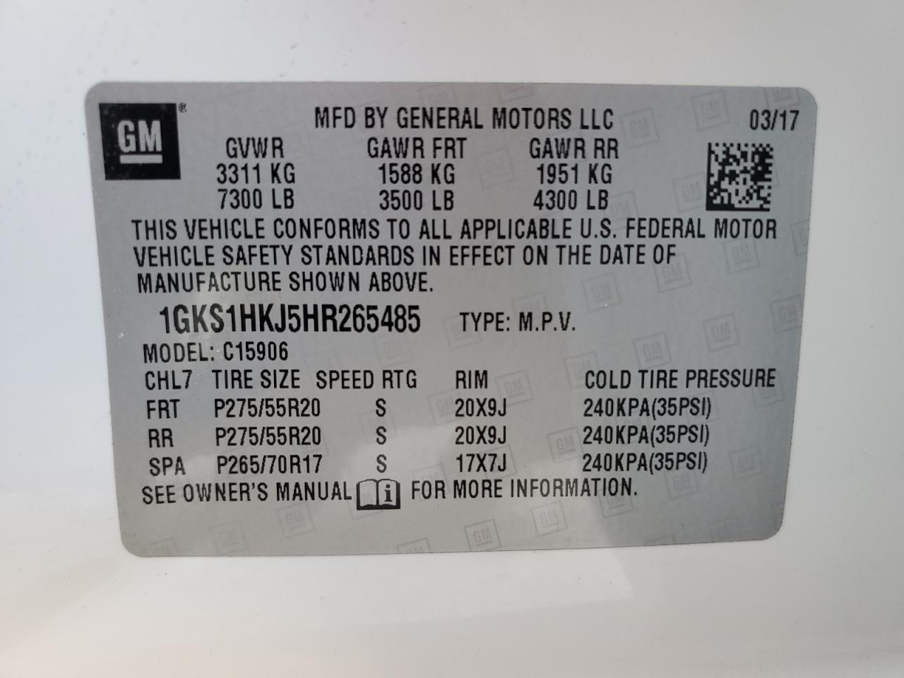 1GKS1HKJ5HR265485 2017 GMC Yukon Xl Denali