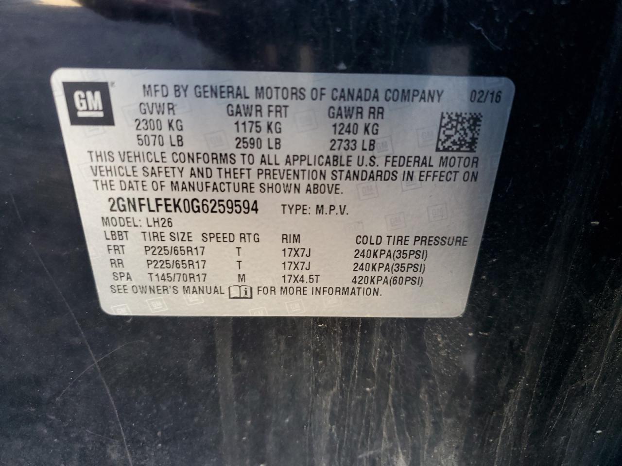 2GNFLFEK0G6259594 2016 Chevrolet Equinox Lt