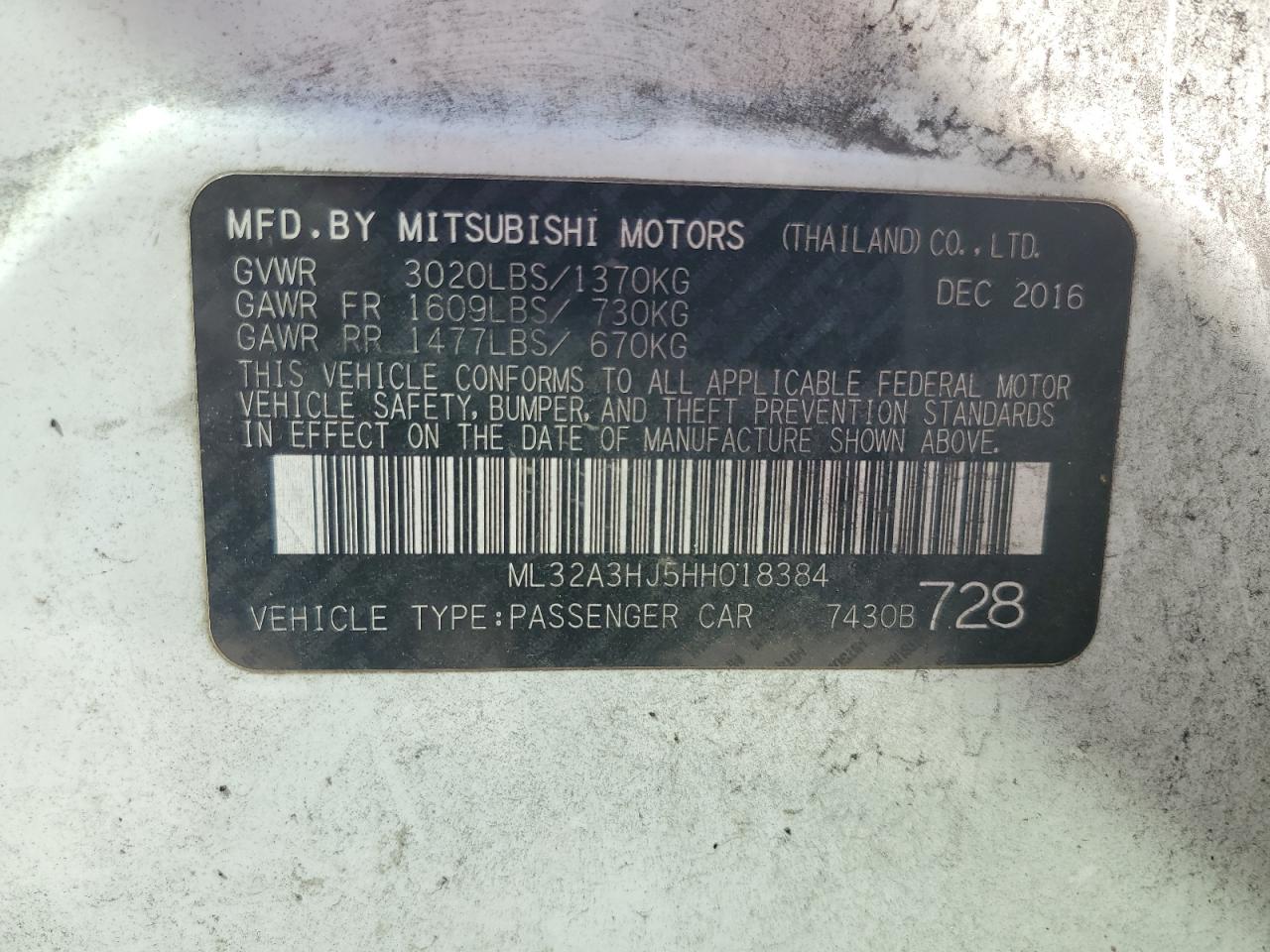 2017 Mitsubishi Mirage Es VIN: ML32A3HJ5HH018384 Lot: 77519224