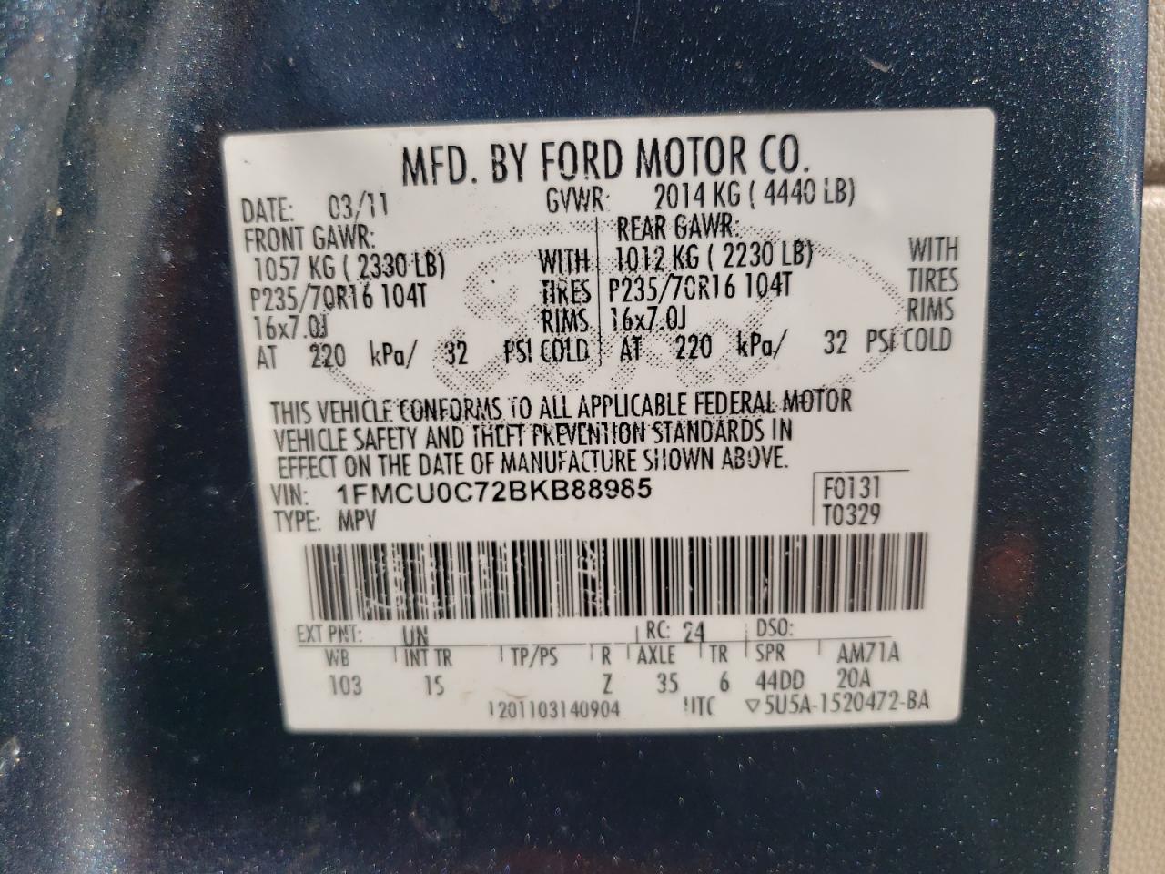 2011 Ford Escape Xls VIN: 1FMCU0C72BKB88985 Lot: 74602184