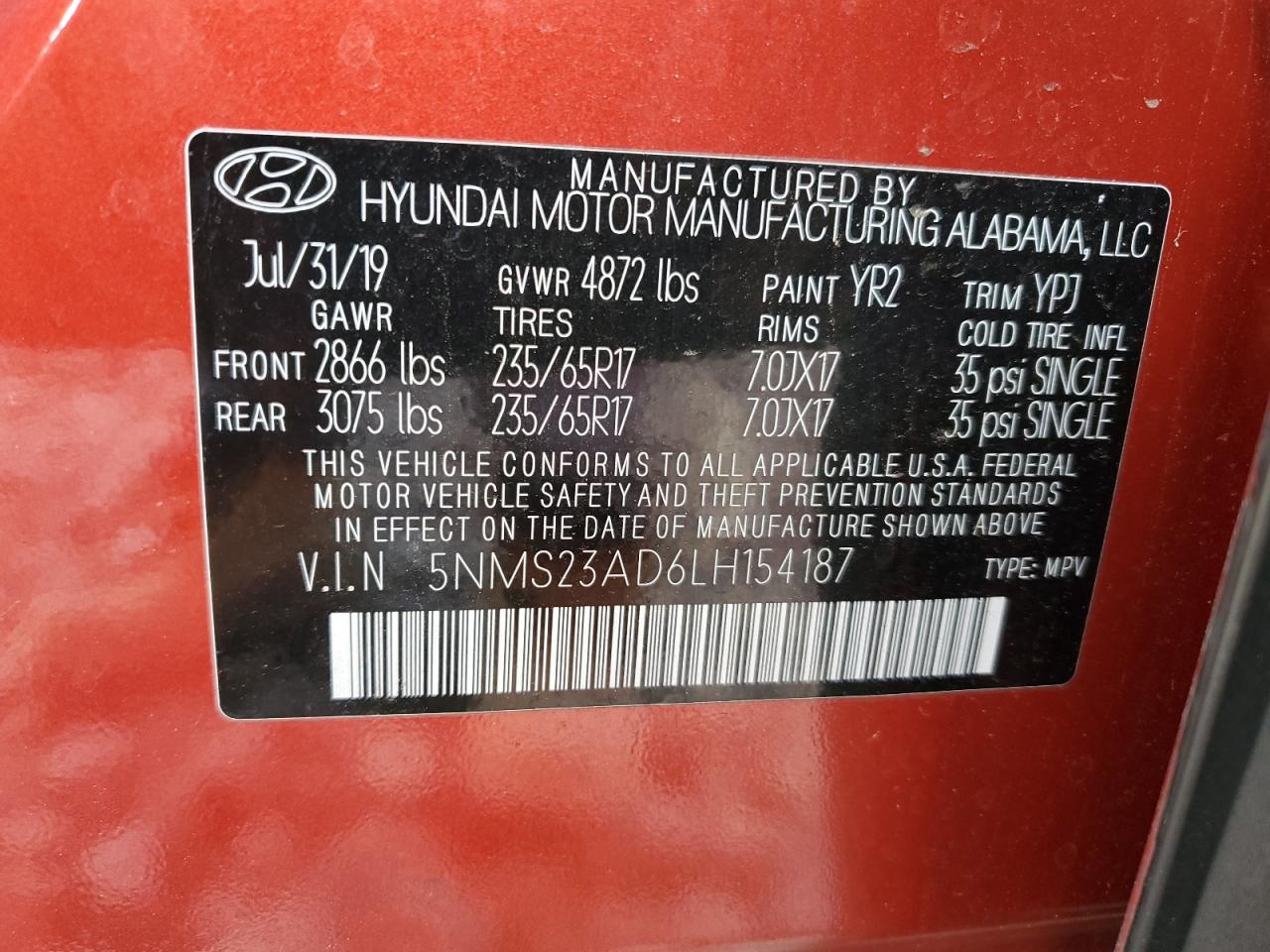 5NMS23AD6LH154187 2020 Hyundai Santa Fe Se