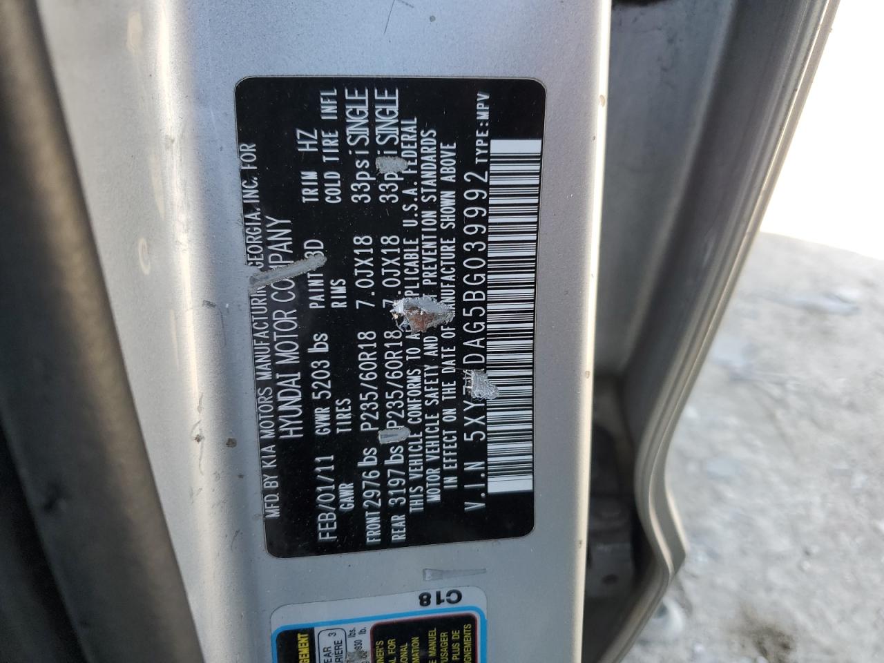 2011 Hyundai Santa Fe Limited VIN: 5XYZKDAG5BG039992 Lot: 74388534