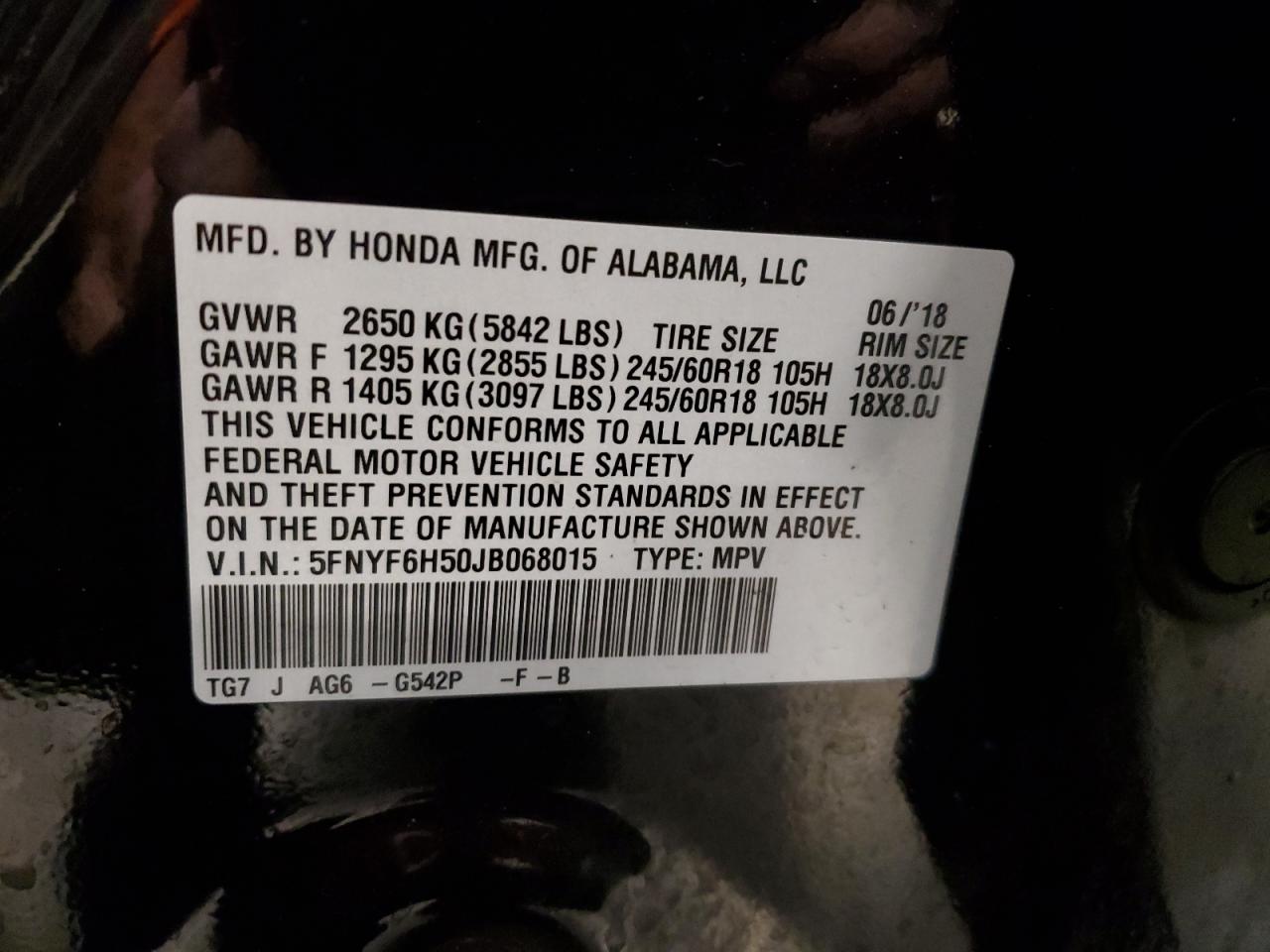 5FNYF6H50JB068015 2018 Honda Pilot Exl