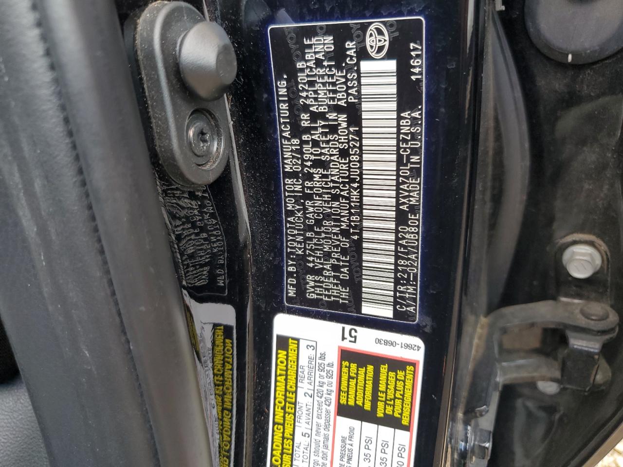 4T1B11HK4JU085271 2018 Toyota Camry L