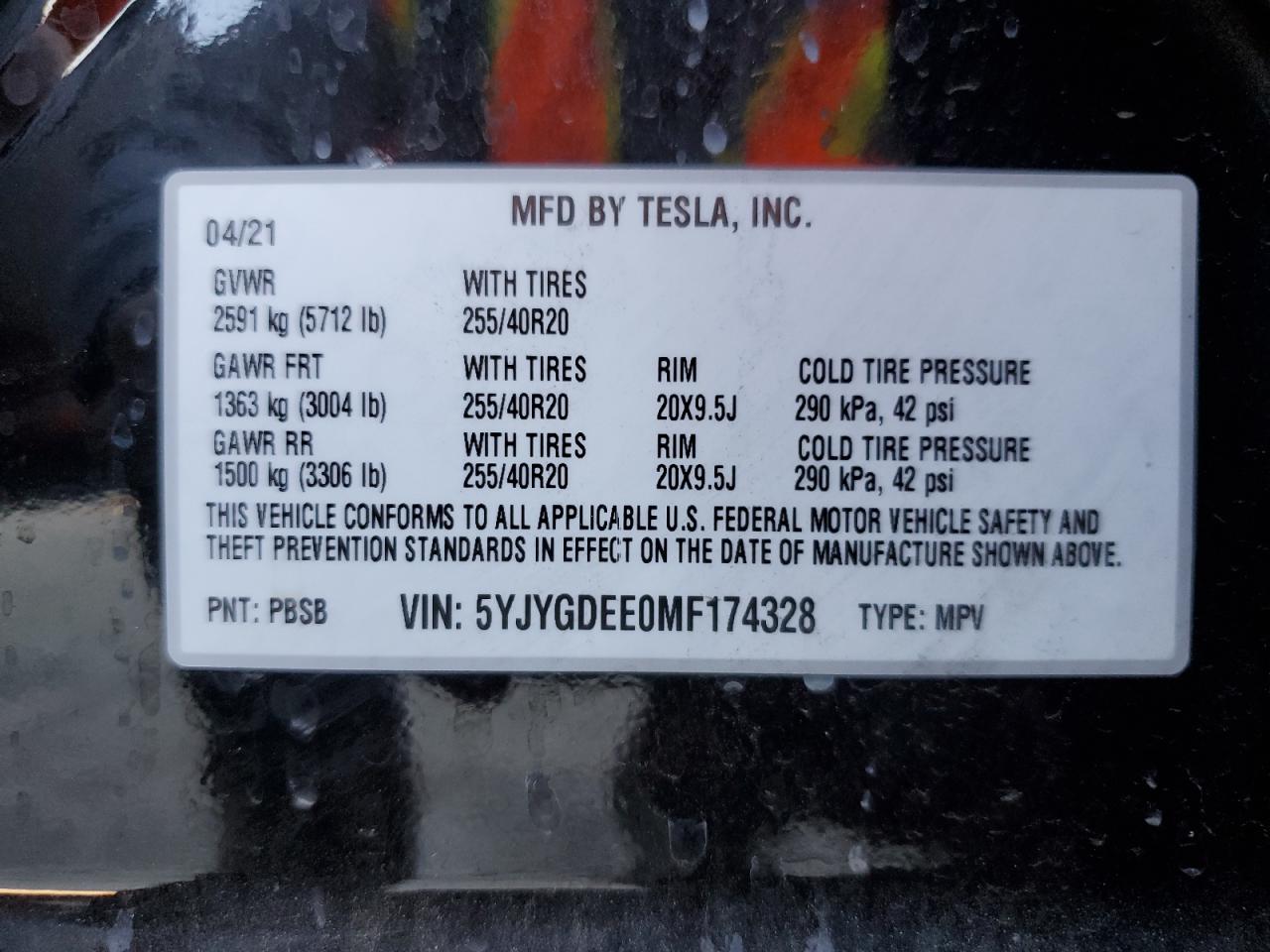 2021 Tesla Model Y VIN: 5YJYGDEE0MF174328 Lot: 75702494