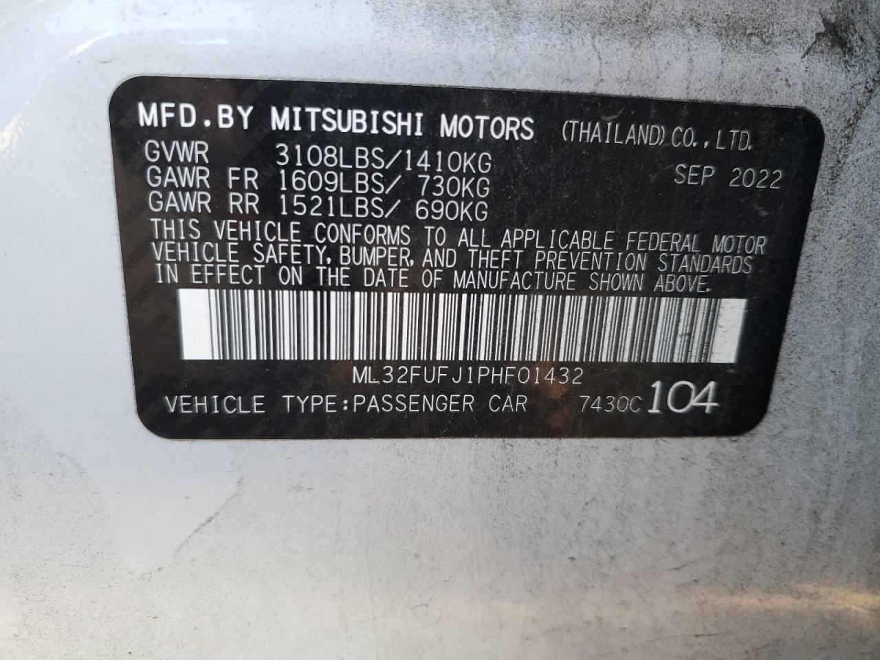 2023 Mitsubishi Mirage G4 Es VIN: ML32FUFJ1PHF01432 Lot: 75387944