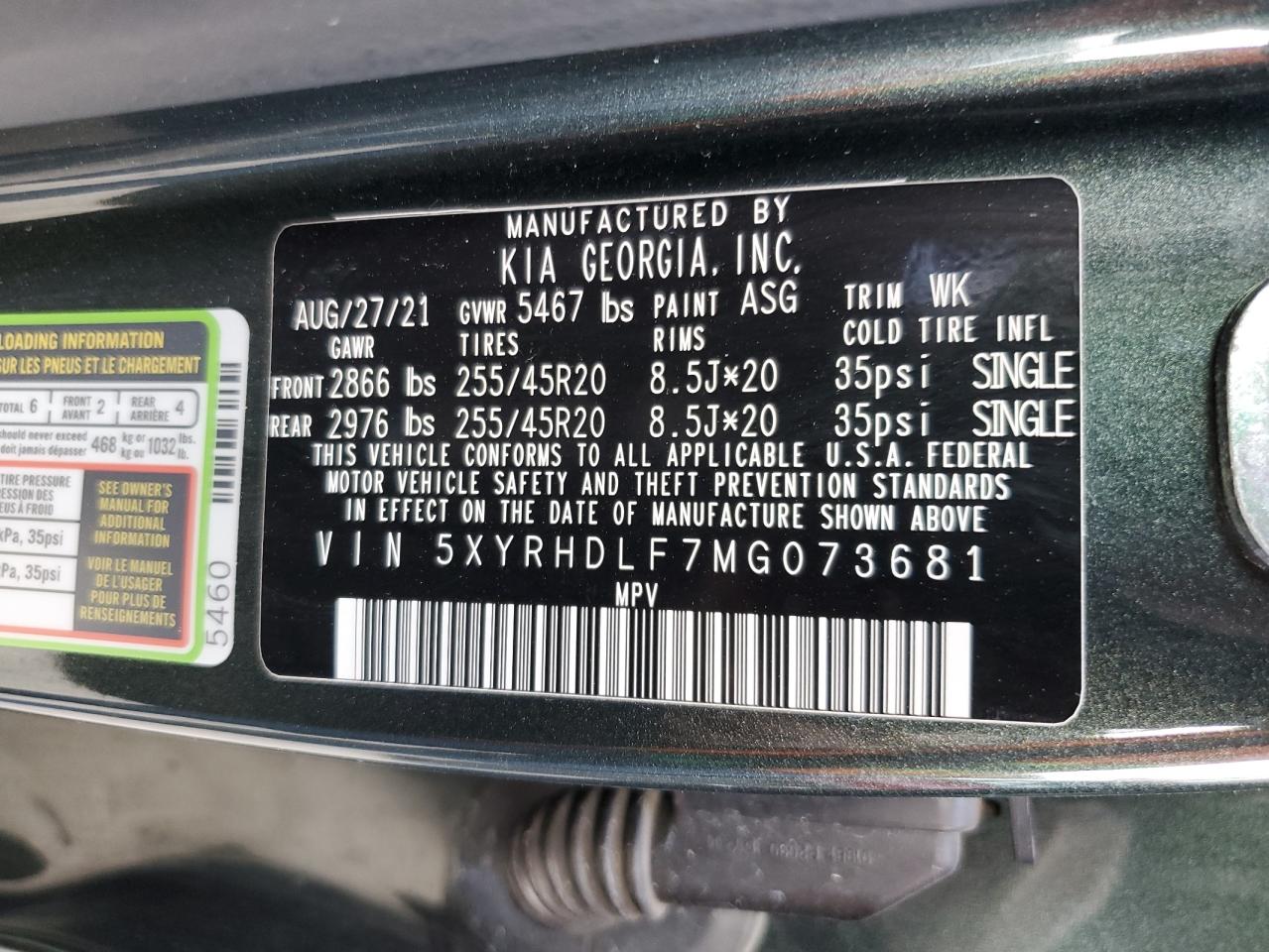 5XYRHDLF7MG073681 2021 Kia Sorento Ex