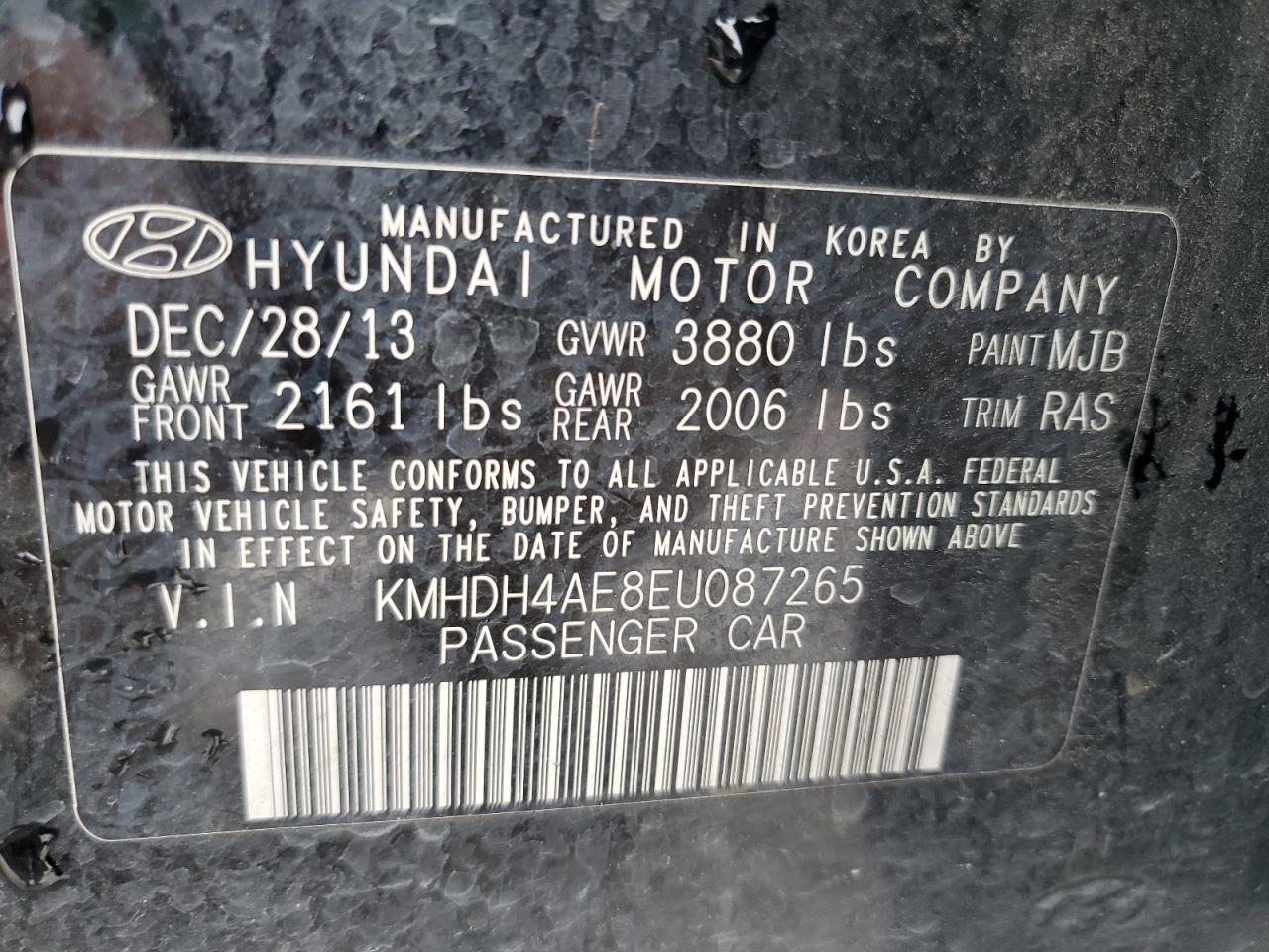 2014 Hyundai Elantra Se VIN: KMHDH4AE8EU087265 Lot: 78493854