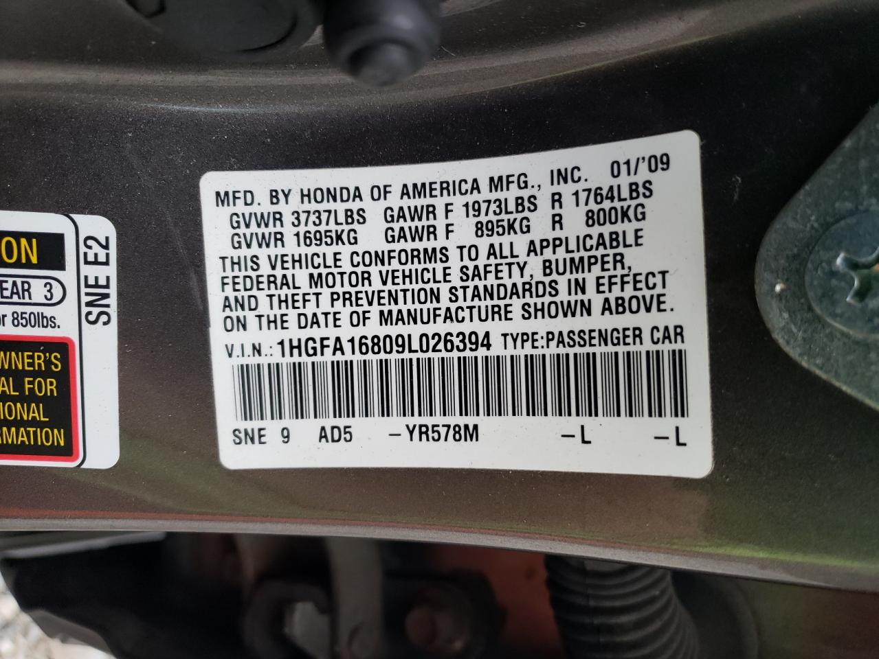 1HGFA16809L026394 2009 Honda Civic Ex